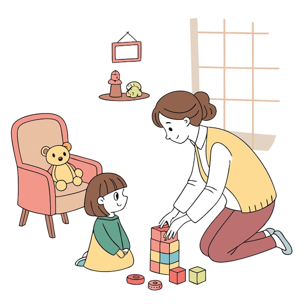 una mujer y un niño están jugando con juguetes y un dibujo de una niña