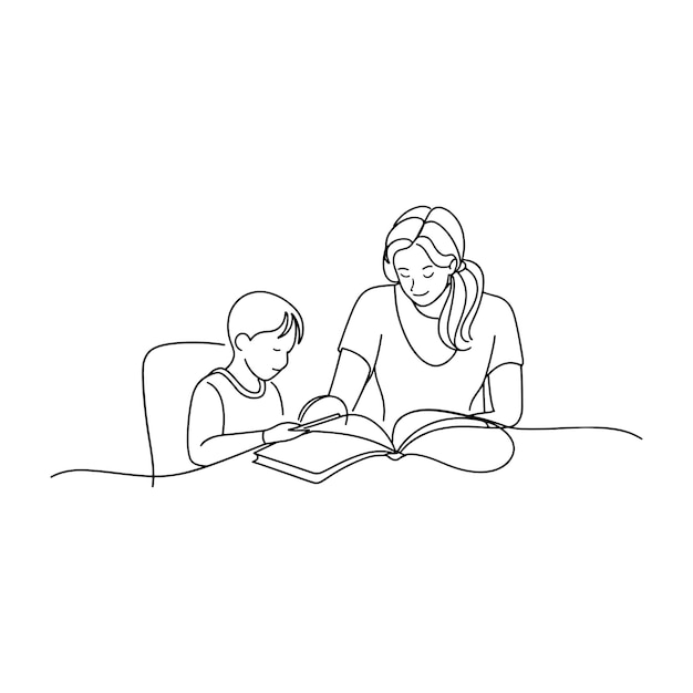 Una mujer y un niño están sentados en una mesa ocupados en la lectura de un libro juntos compartiendo un momento de aprendizaje continuo de arte de línea ilustración vectorial plana