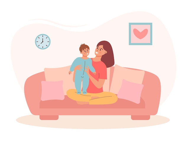 mujer, con, un, niño, en, el, sofá, madre, teniendo bebé, niño, hijo, maternidad, licencia de maternidad, cuidado bebé