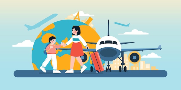 Mujer y niño van a viajar alrededor del mundo ilustración vectorial