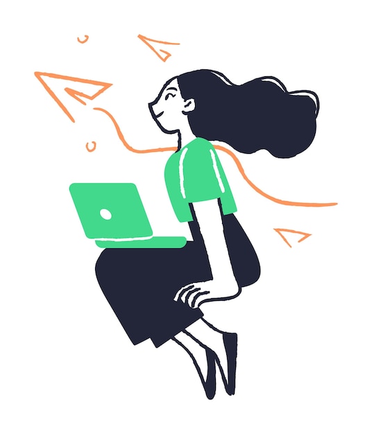 Mujer nómada digital trabajando en la ilustración de la computadora portátil