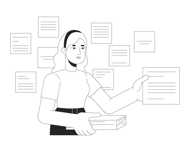 Mujer con notas bw concepto ilustración de puntos vectoriales recordatorios Recuerde todo dibujos animados 2D línea plana carácter monocromático para diseño de interfaz de usuario web Editable contorno aislado imagen del héroe
