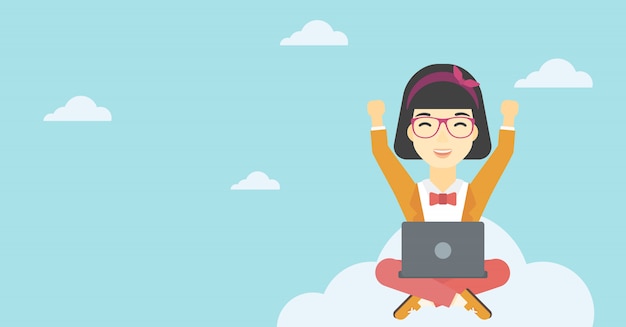 Mujer, en, nube, con, computador portatil