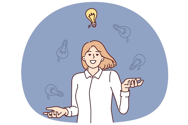 Mujer con nuevas ideas hace malabarismos con bombillas eligiendo la mejor opción para completar la tarea asignada por el gerente