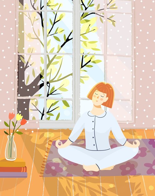 Vector mujer o niña meditando haciendo yoga en casa en habitación con naturaleza en ventana grande.