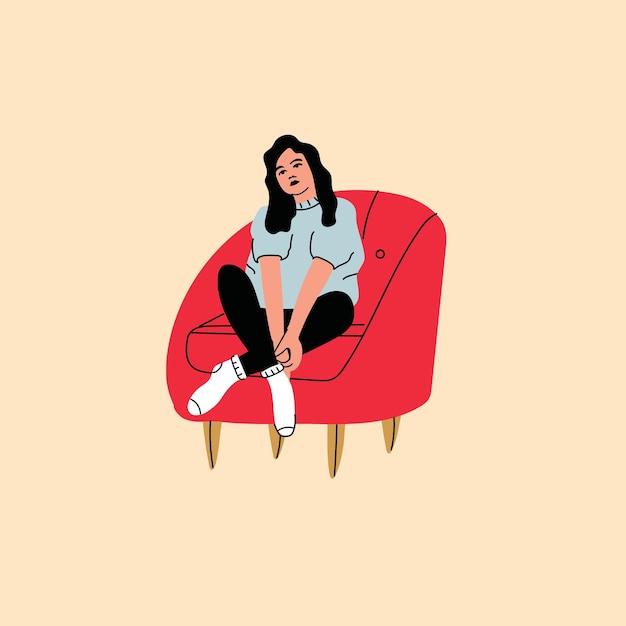 Mujer o niña de moda joven sentada en la silla o sofá en casa Personaje femenino visitando a un amigo relajándose después del trabajo modelos sentados en varias poses Ilustración dibujada a mano de dibujos animados