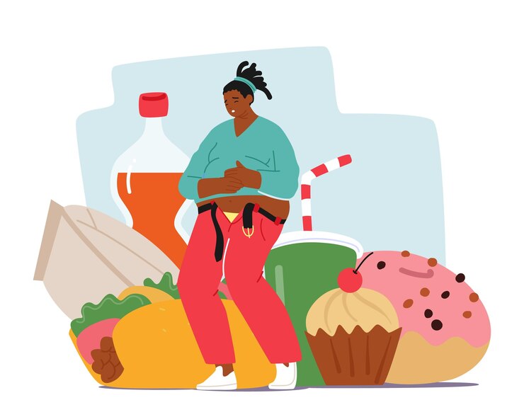 Vector mujer obesa lucha por subirse los pantalones que le quedan pequeños debido a su exceso de peso, lo que resalta los problemas de obesidad