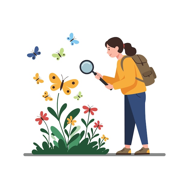 Mujer observando mariposas en un colorido jardín con una lupa
