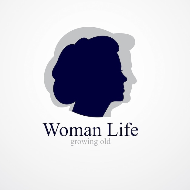 Mujer obteniendo ilustración conceptual de años de vejez, de mujer a abuela, período de envejecimiento y ciclo de vida. Icono de concepto clásico simple vectorial o diseño de logotipo.