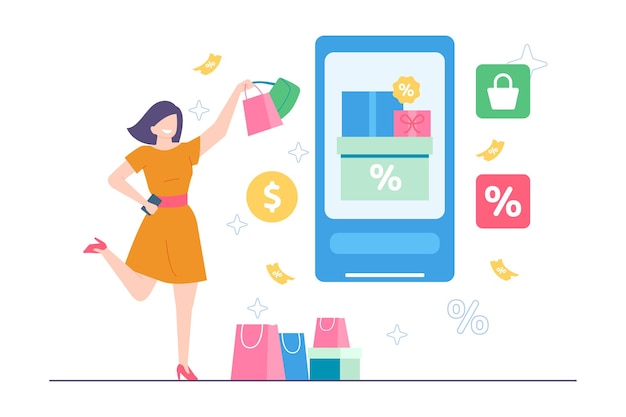 Mujer obtiene descuento de eCommerce illustraton