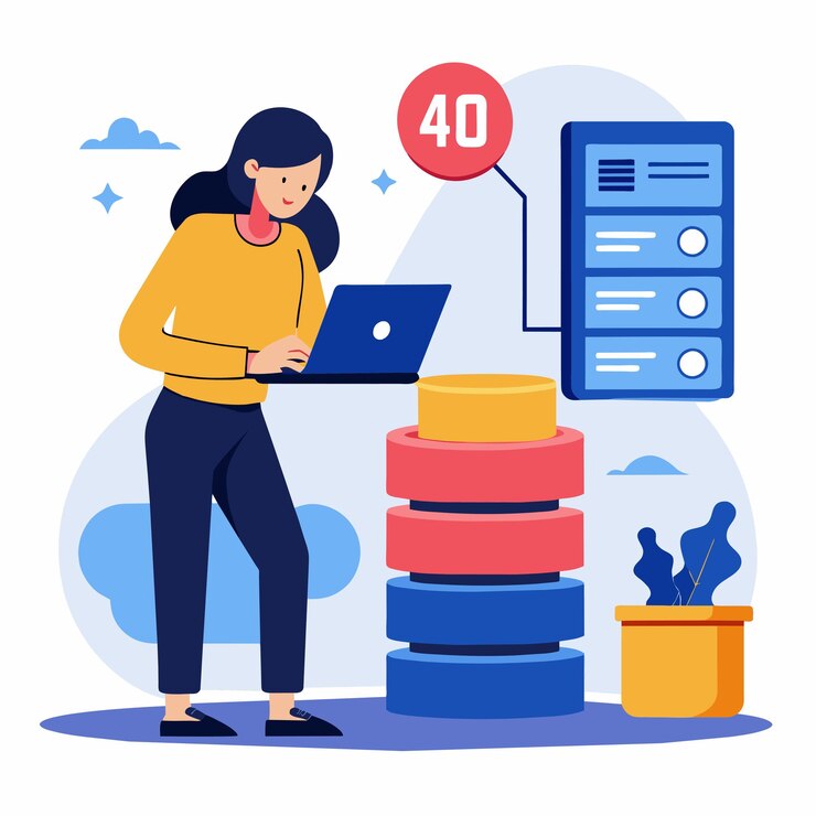 Vector mujer ocupada analizando datos en su portátil mientras trabaja frente a un gran servidor en una sala de tecnología una mujer está buscando errores de almacenamiento de datos error 404 ilustración vectorial plana simple y minimalista