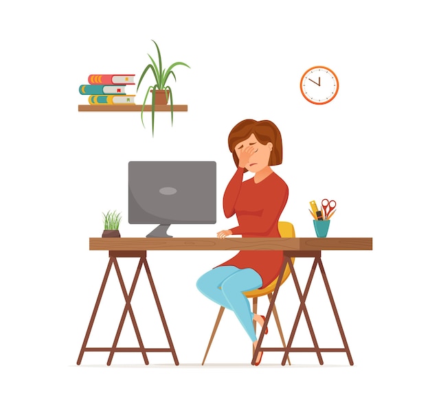 Mujer ocupada cansada trabajando en computadora concepto de vector colorido Ilustración de estilo plano de dibujos animados