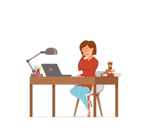 Mujer ocupada cansada trabajando en el concepto de vector colorido de la computadora. Dibujos animados estilo plano ilustración oficinista aburrido chica dolor de cabeza con computadora portátil de escritorio. Personaje femenino independiente, secretaria, empresaria.