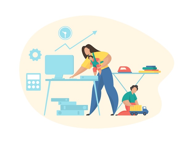 Vector mujer ocupada trabajando en casa. equilibrio entre trabajo y hogar