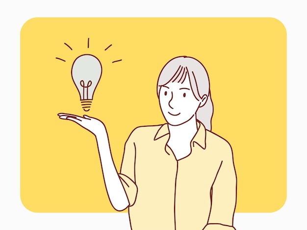 A la mujer se le ocurrió una idea que muestra una ilustración de estilo coreano simple de bombilla