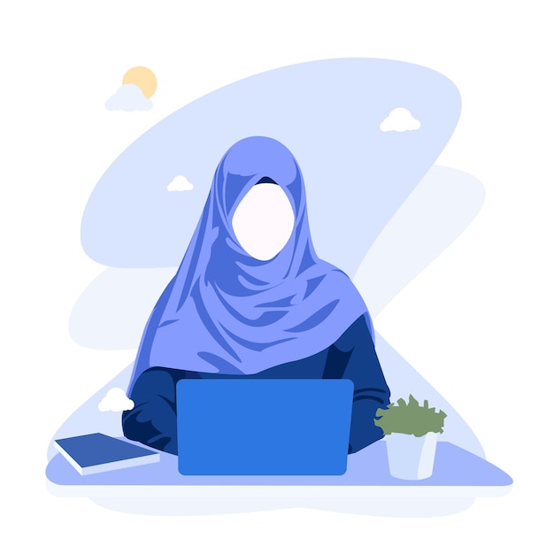 Mujer de oficina musulmana con hijab trabajando con una computadora portátil Ilustración vectorial VIII