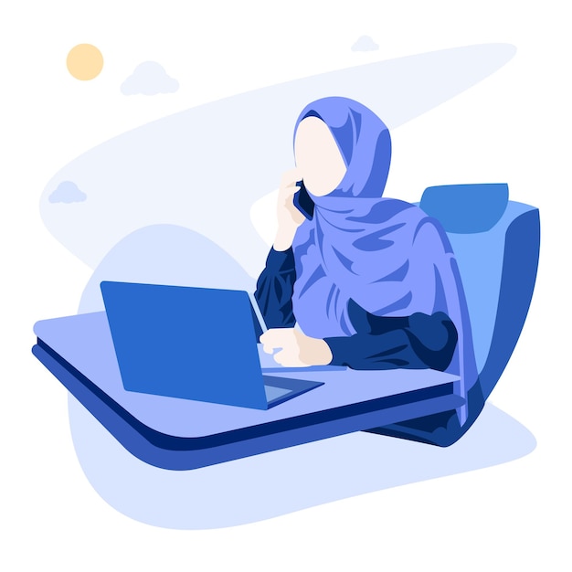 Mujer de oficina musulmana con hijab trabajando con un portátil Ilustración vectorial IV