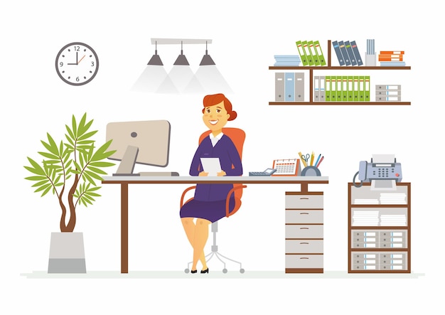 Mujer de oficina - vector ilustración plana de un empleador, colega, empleado. Un personaje de dibujos animados de trabajadora, escritorio, estación de trabajo. Reloj, gabinete, planta, libro, estante, luces, computadora, fax