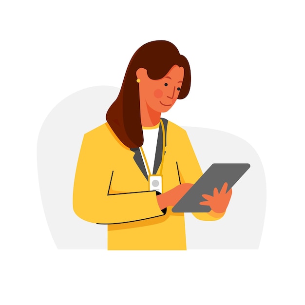 Mujer, oficinista, uso, pestaña, traje del desgaste