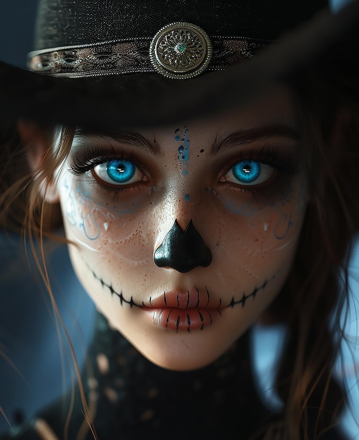 Vector una mujer con ojos azules y un cráneo en su sombrero