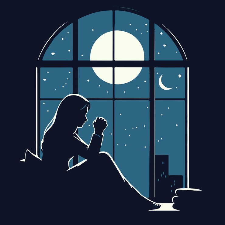 Mujer orando frente a la ventana por la noche Ilustración vectorial