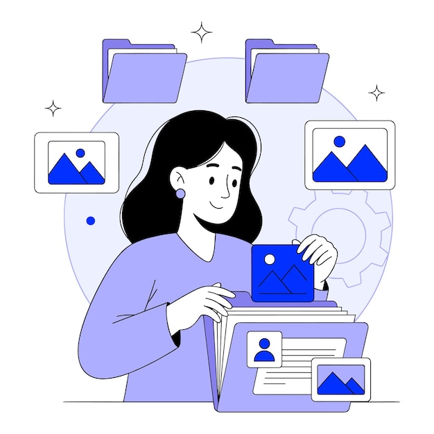 Mujer organizando archivos digitales Vector