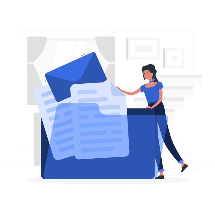 Vector mujer organizando documentos en una carpeta azul