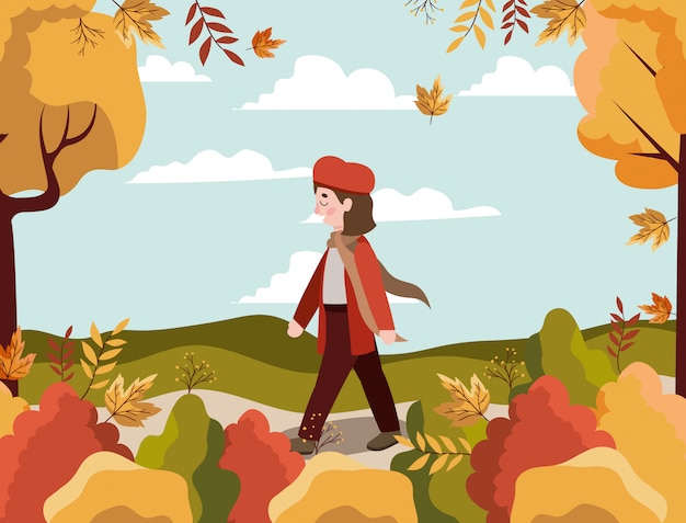 Vector mujer en otoño de fondo