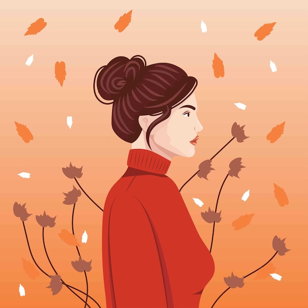 Mujer de otoño con hojas Ilustración vectorial en un estilo plano