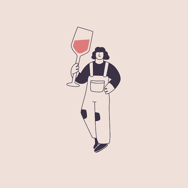 Mujer en overol con una enorme copa de vino Lindo personaje en estilo moderno Vector ilustración aislada para el diseño del tema del vino