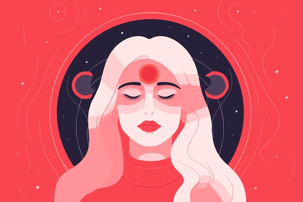 Mujer pacífica con tercer ojo emplea intuición en decisiones Chica psíquica considera mente y corazón Espiritualidad esoterismo Arte vectorial