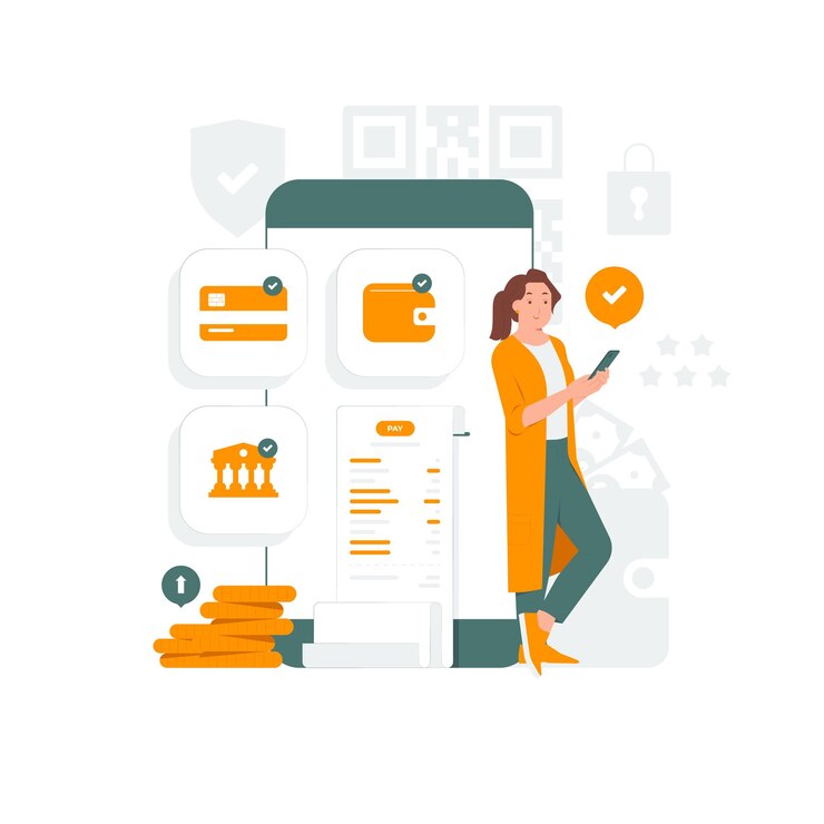 Vector mujer pagando dinero en línea transferencia de pago digital billetera electrónica ilustración del concepto de transacción móvil