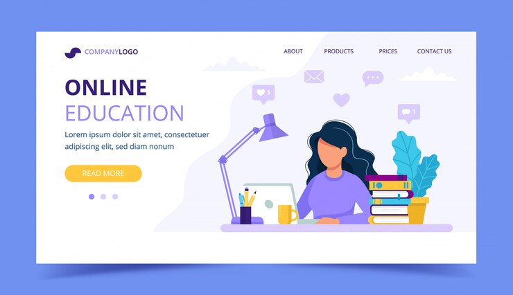 Vector mujer con página de inicio del portátil, educación o concepto de trabajo.