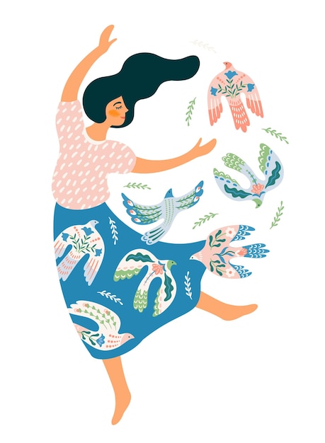 Mujer y paloma de la paz Vector ilustración aislada Elementos para volante de cartel de tarjeta y otros
