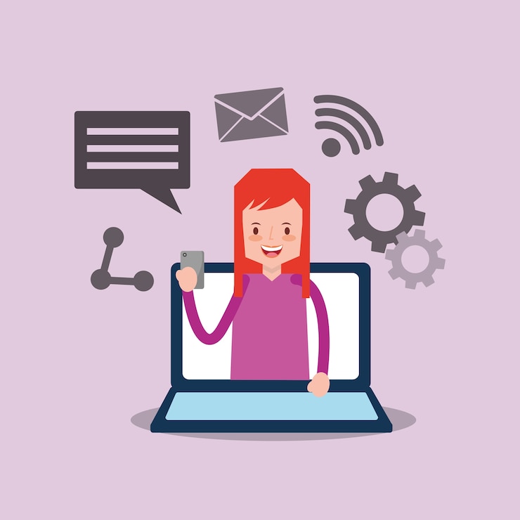 Vector mujer en la pantalla portátil con smartphone