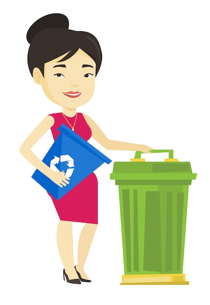 Mujer con papelera de reciclaje y bote de basura.