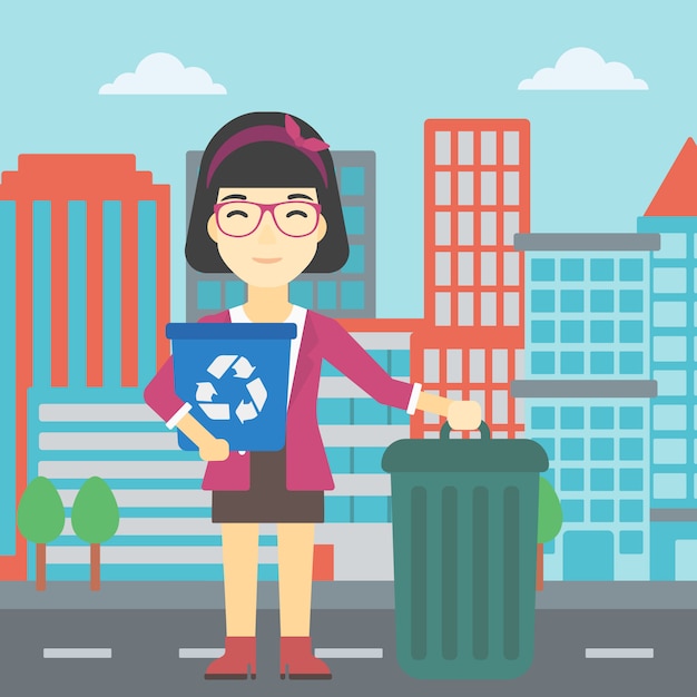 Mujer con papelera de reciclaje y bote de basura.