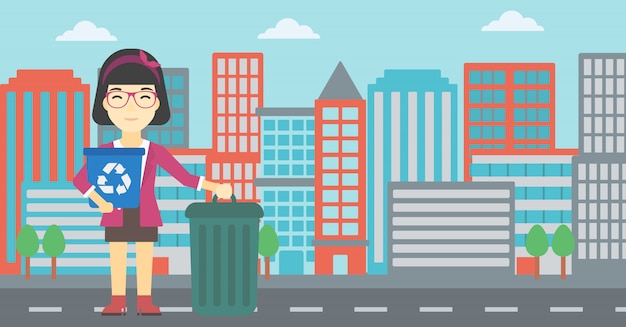 Mujer con papelera de reciclaje y bote de basura.