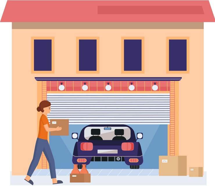 Vector mujer parada cerca del garaje con puerta abierta lugar para estacionamiento de vehículos de automóviles con automóvil