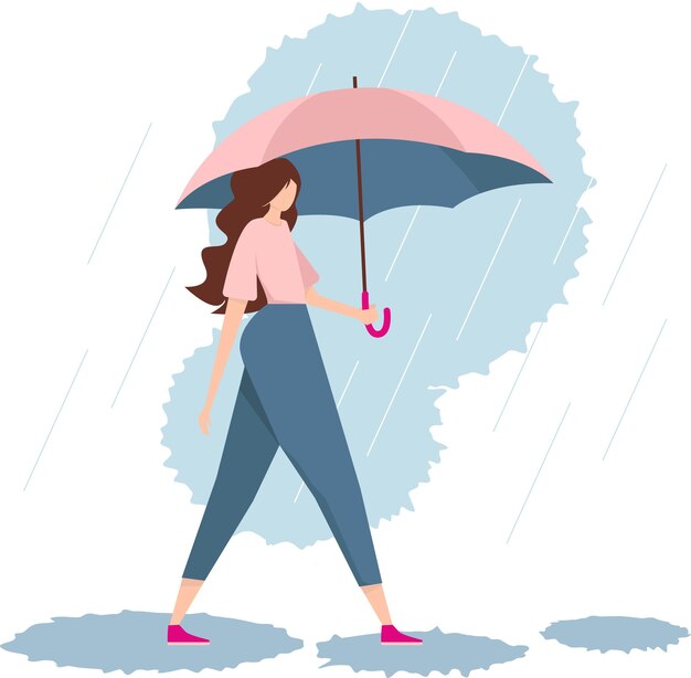 Una mujer con un paraguas camina bajo la lluvia. lluvia, charcos, nubes. ilustración sobre un fondo blanco al estilo del minimalismo.