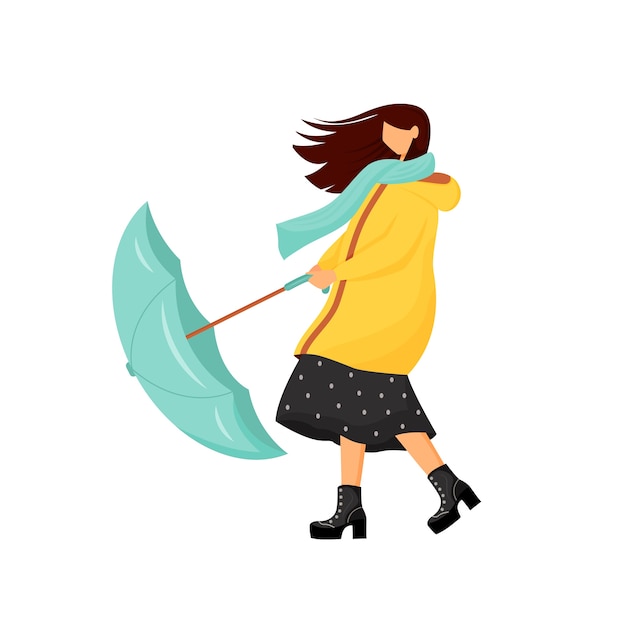 Mujer con paraguas en carácter sin rostro de tormenta color plano. Traje de otoño lluvioso para mujer. Chubasquero para paseo al aire libre en época de frío. Ilustración de dibujos animados aislado clima ventoso