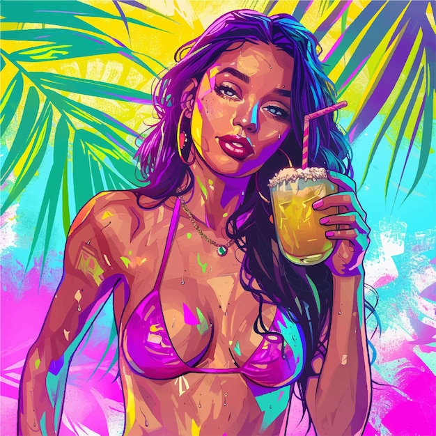 Vector una mujer en una parte superior de bikini sosteniendo una bebida de coco y una bebida ilustración colorida