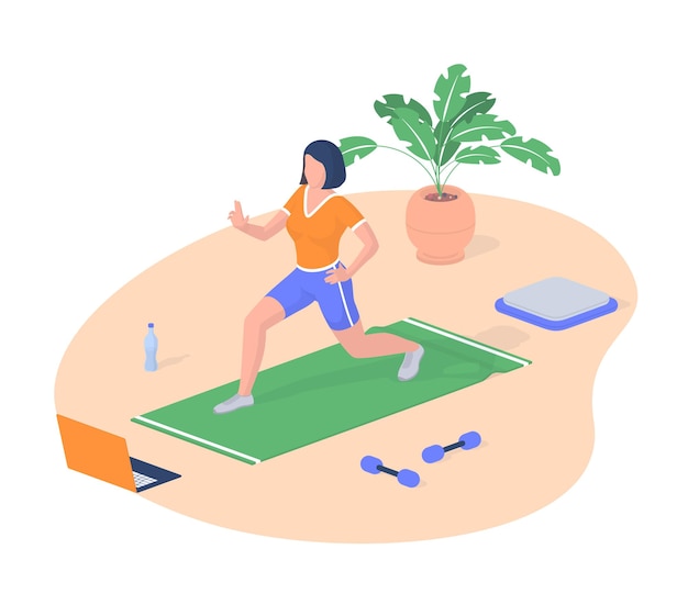 La mujer participa en el vector isométrico de fitness. Personaje femenino en colchoneta deportiva realiza ejercicios con video web portátil