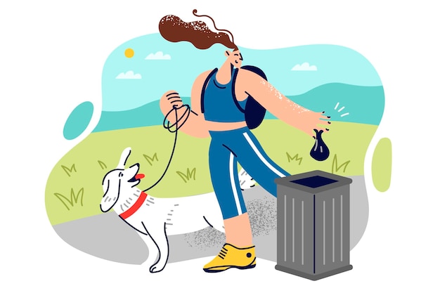 Vector una mujer paseando a un perro arroja caca de mascota a un bote de basura mostrando responsabilidad social y cuidado de la naturaleza una chica casual con un perro con correa camina en el parque disfrutando del sol de verano y el clima cálido