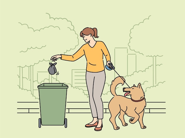 Mujer paseando perro lanza una bolsa de caca de cachorro a la basura cuidando de la limpieza del parque Niña sonriente limpiando después del perro en la calle mostrando responsabilidad y amor por el medio ambiente