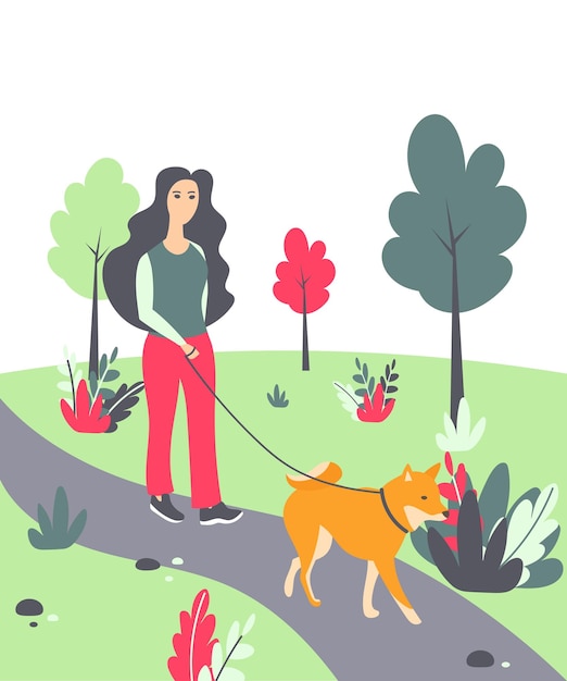 Mujer paseando con un perro en el parque ilustración vectorial con una mujer con shiba inu en el parque