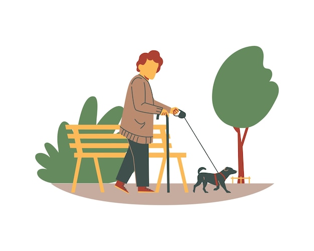 Vector una mujer paseando a su perro en el parque ilustración vectorial de estilo plano