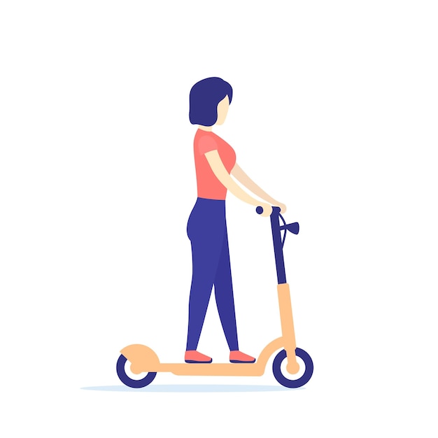 mujer, en, un, patada scooter, vector