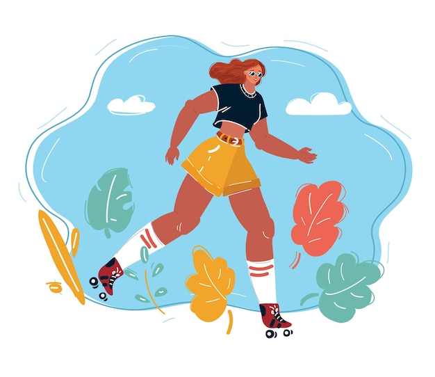 Vector mujer de patines sobre fondo azul.