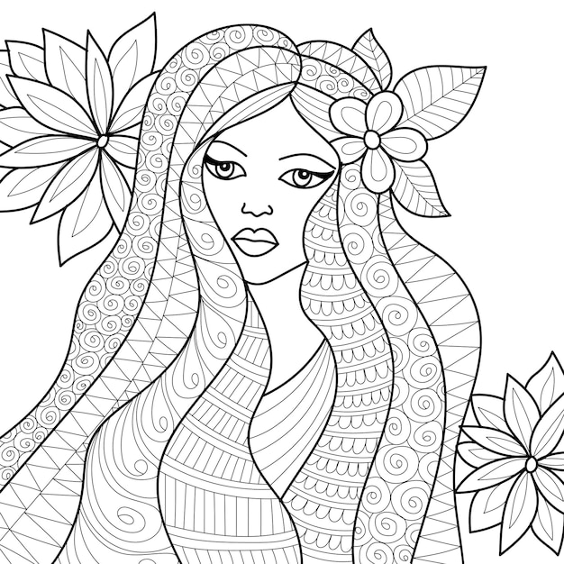 Mujer con un peinado bonito diseño de henna página de libro para colorear para adultos
